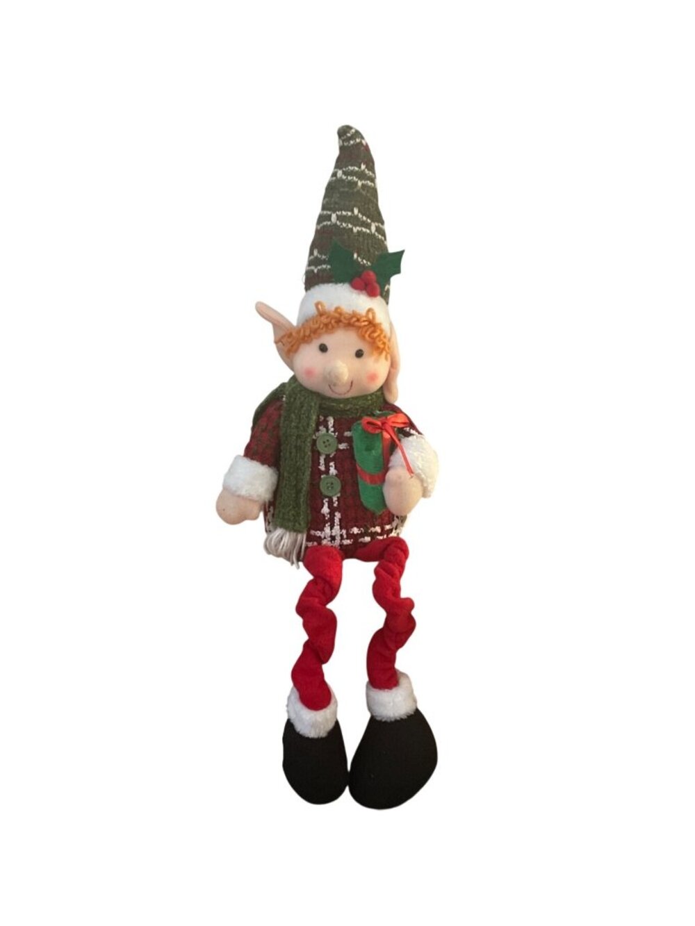 Homerbest Christmas Elf Shelf Sitter Plush w Tall Green Hat Holding Gift